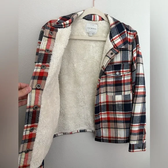 Lucky Brand Blue Orange Plaid Jacket with Cream Fleece Size M - Picture 5 of 6